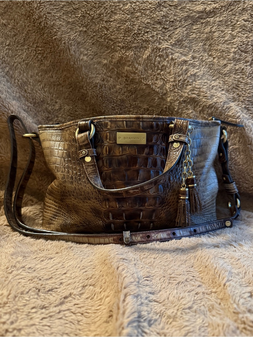 Brahmin Brown Croc-Embossed Leather Tote